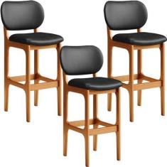 Imagem de Kit 03 Banquetas Alta Para Cozinha Madeira Fixa Betta L02 Imbuia Couríssimo Preto - Lyam Decor