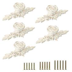 Imagem de JUXYES Pacote de 5 maçanetas decorativas de armário rosa euro com placa, puxador de gaveta floral marfim maçanetas de porta de armário, puxadores de gaveta branco marfim para armário de cômoda (P,