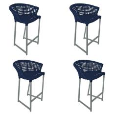 Imagem de Kit 4 Banquetas Reis Em Corda Náutica E Base Em Alumínio Cinza Para área Gourmet Azul Marinho Azul