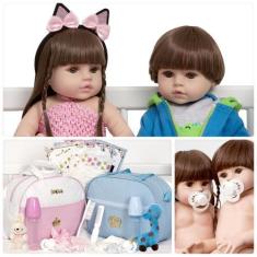 Imagem de Boneca Tipo Reborn Gêmeos Menina Menino Com Pelúcia Itens - Cegonha Re