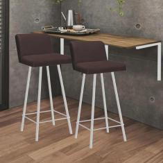 Imagem de Kit Mesa Suspensa de Parede Fixa mdf Caramelo + 2 Banquetas Lexi Ferro Branco Sintético Marrom - Ahazzo Móveis