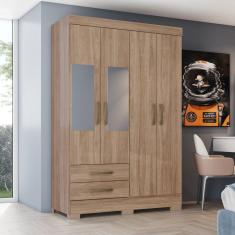 Imagem de Guarda-roupa Solteiro 4 Portas 2 Gavetas com Espelho Jequitibá Brilho