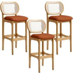 Imagem de Kit 03 Banquetas Altas Para Cozinha Bancada Sala Tela Betta Fixa L02 Tecido Terracota - Lyam