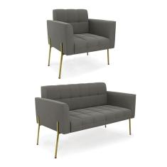 Imagem de Sofá Namoradeira E Poltrona Pé De Ferro Dourado Elisa Suede D03 - D'rossi Cor Grafite