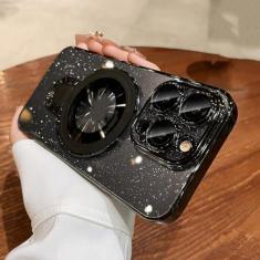 Imagem de Capa de carregamento sem fio luxuosa para iphone 11 12 13 14 15 pro max plus glitter suporte de anel magnético capa transparente, preta, para iphone 15