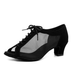 Imagem de SWDZM Sapatos femininos de dança latina com cadarço salsa tango, tênis para prática de dança, modelo L595, L504 - salto preto, sola de camurça de 5 cm, 38