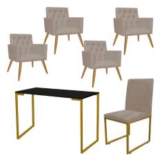 Imagem de Kit Escritório Stan 4 Poltronas Capitonê com Cadeira e Mesa Industrial Preto Dourado Suede Bege - Ahz Móveis