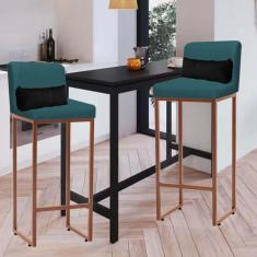 Imagem de Kit 02 Banqueta Alta com Encosto Lucca Industrial Cozinha Balcão Ferro Bronze Suede Azul Turquesa e Almofada Preto - Ahazzo Móveis