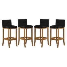 Imagem de Kit 4 Banquetas Média Encosto Estofado 38x90Cm Ilha Espanha Madeira Maciça Amêndoa Suede Preto ccs