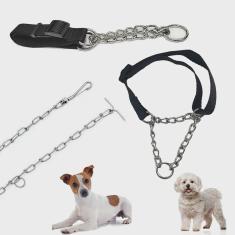 Imagem de Coleira Semi Enforcador Ajustavel Kit Guia Corrente Aço Caes Pet Cachorro Adestramento Passeio Casa Quintal Treinamento Resistente