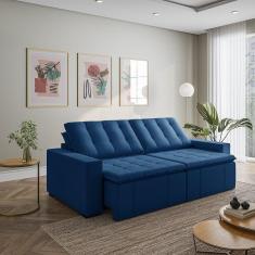 Imagem de Sofá Cama Retrátil e Reclinável 4 Lugares 280cm em Veludo com Molas e Braço Reto Palmeira Cabecasa M Azul
