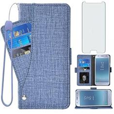 Imagem de Asuwish Capa carteira compatível com Samsung Galaxy J3 Luna Pro J 3 Prime 2017 Emerge 3J Eclipse Mission, protetor de tela de vidro temperado e capa flip com porta-cartões para Glaxay S327VL azul