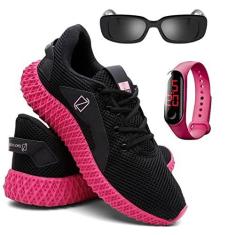 Imagem de Tênis Feminino ESportivo Corrida Ultra Leve e Macio + Brinde Óculos e Relógio - Preto/Rosa - 38