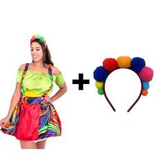 Imagem de Fantasia Completa Vestido Kit Palhaça Feminina Adulto Com Suspensório e Tiara Carnaval Halloween Festa Circo Picadeiro