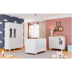 Imagem de Quarto de Bebê Completo Berço Retrô Cômoda Guarda Roupa com Janela Móveis Peroba Branco Brilho