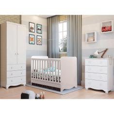 Imagem de Quarto de Bebê Completo Berço Americano Ben 3 Em 1 Cômoda Júnior Simples 4 Gavetas Guarda Roupa Júnior 2 Portas 3 Gavetas Branco Carvalho 100% MDF Móv