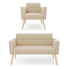Imagem de Kit 1 Sofá Namoradeira e 1 Poltrona Elisa Suede Pés Palito Natural - D`Rossi
