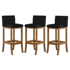 Imagem de Kit 3 Banquetas Alta Encosto Estofado 38x100 Cm Ilha Espanha Madeira Maciça Amêndoa Suede Preto ccs