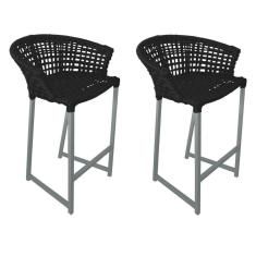 Imagem de Kit 2 Banquetas Reis Em Corda Náutica E Base Em Alumínio Cinza Para área Gourmet Externa Preta Preto