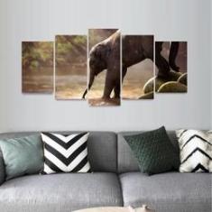Imagem de Quadro Mosaico Elefante Filhote Paisagem Arte 5 Peças