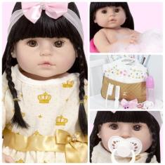 Imagem de Boneca Bebê Reborn Menina Vestido Dourado Morena - Cegonha Reborn Doll