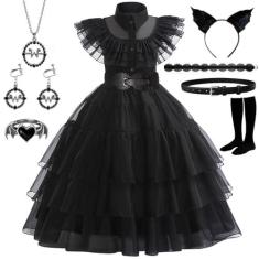 Imagem de Vestido de fantasia preto para meninas, fantasia de princesa negra com acessórios góticos para cosplay de Halloween, festa de carnaval