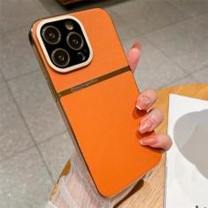 Imagem de Capa traseira de couro para revestimento comercial para iPhone 13 14 Pro Max 14 Plus Capa híbrida protetora de lente rígida, laranja, para iPhone 13 ProMax