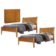 Imagem de Conjunto Quarto de Solteiro 2 Camas e Cômoda 5 Gavetas com Sapateira Amêndoa Mel