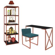 Imagem de Kit Escritório Bex 1 Cadeira Suede Azul Turquesa com 1 Mesa e 1 Livreiro Ferro Bronze MDF Preto - Ahazzo Móveis