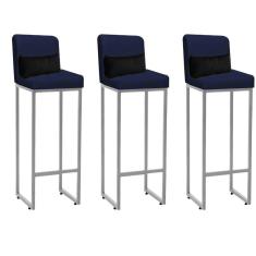 Imagem de Kit 03 Banqueta Alta com Encosto Lucca Industrial Cozinha Balcão Ferro Cinza Sintético Azul Marinho e Almofada Preto - Ahazzo Móveis