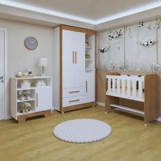 Imagem de Quarto de Bebê Completo 100% Mdf com Guarda Roupa, Cômoda e Mini Berço Sonharte Branco/Amadeirado