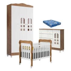 Imagem de Quarto de Bebê New Selena 3 Portas com Berço Lila e Cômoda Selena Branco Acetinado Amadeirado e Colchão Ortobom - Carolina Móveis
