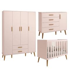 Imagem de Quarto Isis Berço Americano 2 em 1 + Comoda Sapateira + Guarda Roupa Isis Retrô 4 Portas 2 Gavetas Rosa Fosco - Reller