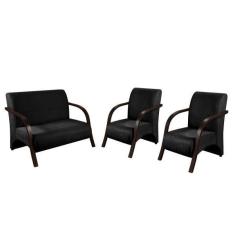 Imagem de Conjunto Poltrona Decorativa Venus Braço Madeira Kit 3 Peças Confortável Sala Suede 