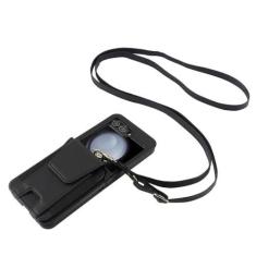Imagem de Para Samsung Galaxy Z Flip 5 4 3 Flip5 Flip4 Flip3 Capa de telefone crossbody com suporte para cartões de proteção de dobradiça capa de couro, preta, para Galaxy Z Flip3 5G