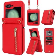 Imagem de Carteira crossbody com zíper com porta-cartão capa de telefone para Samsung Galaxy Z Flip 6 5 4 3 Flip6 Flip5 Flip4 Flip3 5G capa de couro, vermelha, para Galaxy Z Flip5