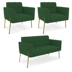 Imagem de Sofá Namoradeira E 2 Poltronas Pé De Ferro Dourado Elisa Veludo D03 - D'rossi Cor Verde