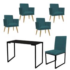 Imagem de Kit Escritório Stan 4 Poltronas Rodapé com Cadeira e Mesa Industrial Tampo Preto Suede Azul Turquesa - Ahz Móveis