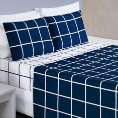 Imagem de Jogo De Cama Casal Dupla Face Grid Micro Percal 200 Fios Austin 4 Pçs Marinho
