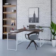 Imagem de Mesa de Escritório em L Estilo Industrial 120x150cm Kuadra Nogal/Est.Branca