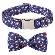 Imagem de Maca Bates Coleira de cachorro com bandeira americana com laço, coleira de algodão macio para cães patrióticos de 4 de julho, coleira ajustável com fivela de metal para cães pequenos, médios e grandes