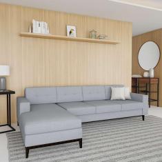 Imagem de Sofá 4 Lugares Life com Chaise Esquerdo Pés e Base em Madeira Linho Cotton Cinza