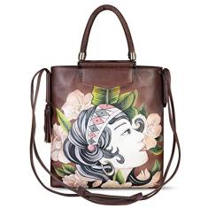 Imagem de Bolsa feminina de couro genuíno pintada à mão com alça superior, bolsa tiracolo feita à mão, Padrão 1, Medium