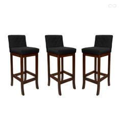 Imagem de Kit 3 Banquetas Média para Bancada Tóquio Madeira Maciça Matelassê Suede Preto CCS