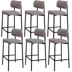 Imagem de Kit 06 Banquetas Alta Bar Cozinha Sala De Jantar Aço Preto Kaira C01 Linho Cinza - Lyam Decor