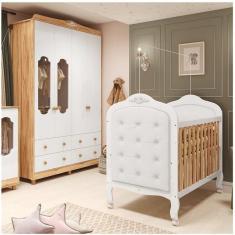 Imagem de Quarto de Bebê com Guarda-roupa com Janelas e Berço com Capitonê Maya Provençal Espresso Móveis Branco Brilho/Amêndoa/Branco