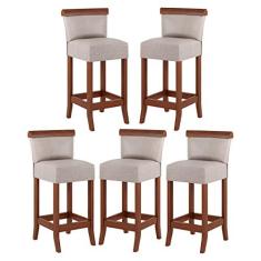 Imagem de Kit 5 Banquetas Média Estofada Encosto Diamantina 36x90Cm Balcão Madeira Maciça Linho Bege M58 - RMI