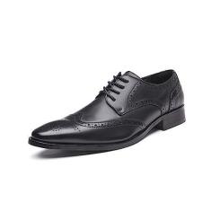 Imagem de Tênis masculino de couro genuíno estilo britânico pontiagudo couro esculpido para negócios Derby sapatos casuais de casamento, Preto, 41