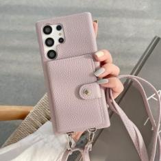 Imagem de Capa de telefone com alça de ombro de couro de lichia da moda para Samsung S23 Ultra S20 S21 S22 Note 8 9 10 20 Capa carteira crossbody, roxa, S22 Plus