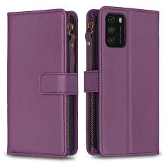 Imagem de Capa com alça de pulso Xiaomi Poco M3, 9 compartimentos para cartão, 1 carteira de couro com zíper, função de suporte, fecho magnético, capa para celular compatível com Xiaomi Poco M3 4G 6,5 polegadas